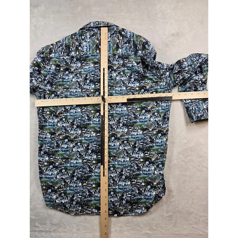Alain Flusser Button Down Shirt Mens Medium Blue Cotton Scenic Village Print